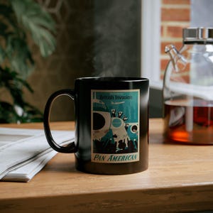Mug, Classic Retro Pan Am British Invasion Coffee Cup, Vintage Jetsetter Travel Gift, Airline Aviation Tea Mug, 11oz 15oz, Black Ceramic Mug