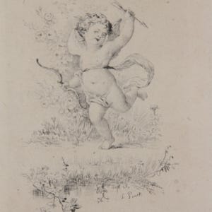 Peut inclure: Un dessin au trait en noir et blanc d'un chérubin ailé tenant une flèche, courant dans un champ de fleurs. Le chérubin porte une ceinture et a un arc et une flèche. Le dessin est signé "L. Bonnet".