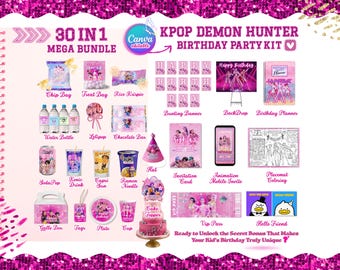 Kpop Demon Hunters Pink Birthday Party Kit | Pinky Slay 30-in-1 Canva Editable Printable Kids Decor | Instant Download + Bonus Gift