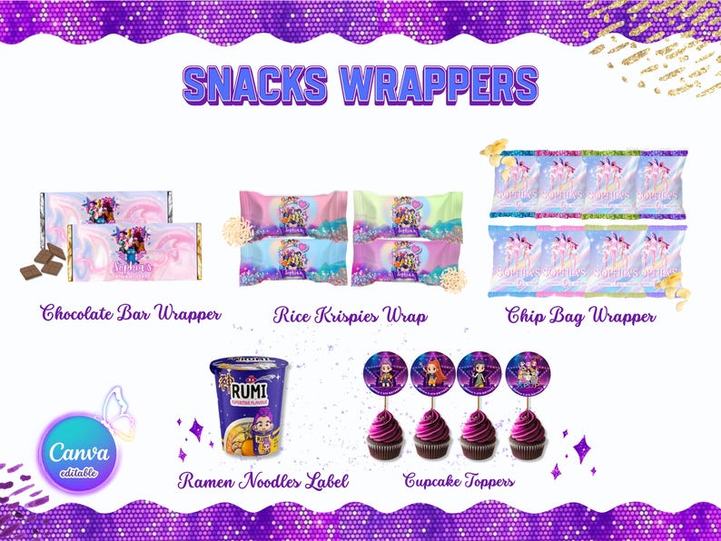 Snacks Rappers Design K-pop Demon Hunters Birthday Party Kit | Editable Canva Bundle (instant ...