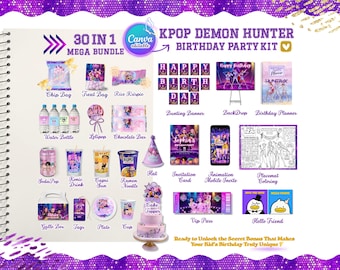 Kids K‑Pop Demon Hunters Birthday Party Kit | 30‑in‑1 Editable Canva Mega Bundle, Printable Party Decorations, Instant Download + Bonus Gift