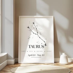 Taurus Zodiac Sign Wall Art Print - Minimalist Taurus Constellation Poster, April 20 - May 20, Earth Sign Astrology Print, Taurus Gift