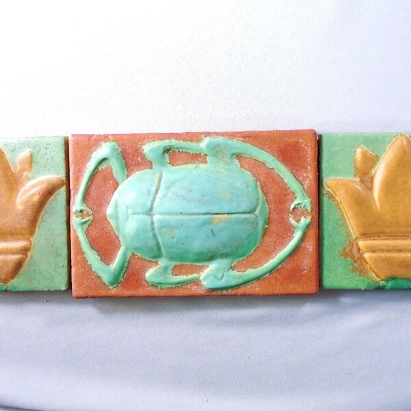 Rare Owens Pottery Egyptian Revival Tile Frieze Of Lotus and Scarab