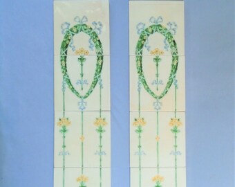 Pair of Antique Edwardian Tile Fireplace Panels, Emerald Green Wreaths with Yellow Flowers