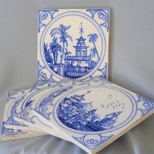 Set of 5 Minton China Blue and White Canton Ware Tiles