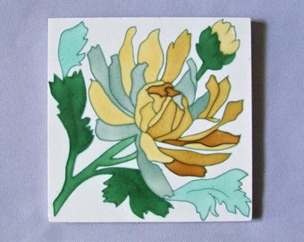 French Art Nouveau Tube Lined Flower Tile by Sarreguemines