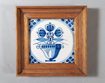 Antique Blue and White Delft Tile Tulips in an Urn, Framed