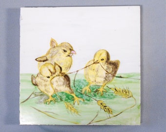 Victorian Era Hand Painted Tile of Baby Chicks