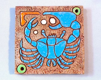 American Arts and Crafts Tile of a Blue Crab Gathering Pearls