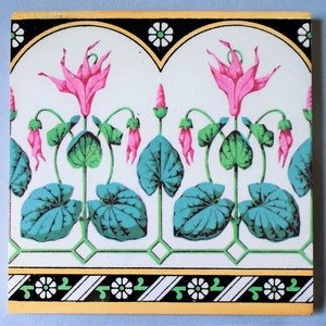 Antique Minton Pottery Large 8&quot; Tile of Cyclamen Flowers