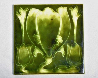 Antique English Art Nouveau Tile Tulips in Green