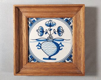 Antique Blue and White Delft Tile Tulips in an Urn, Framed