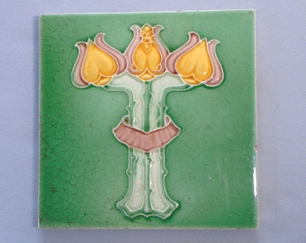English Art Nouveau Tile Hearts and Yellow Roses by Alfred Meakin