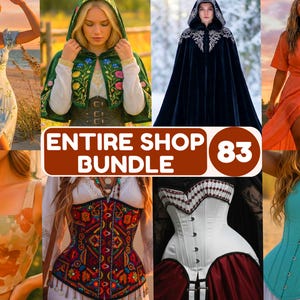 May include: A collection of clothing items, including dresses, capes, and corsets. The image showcases a light blue floral dress, a green hooded cape with floral embroidery, a dark blue hooded cape, and an orange wrap dress. The text "ENTIRE SHOP BUNDLE 83" is displayed.