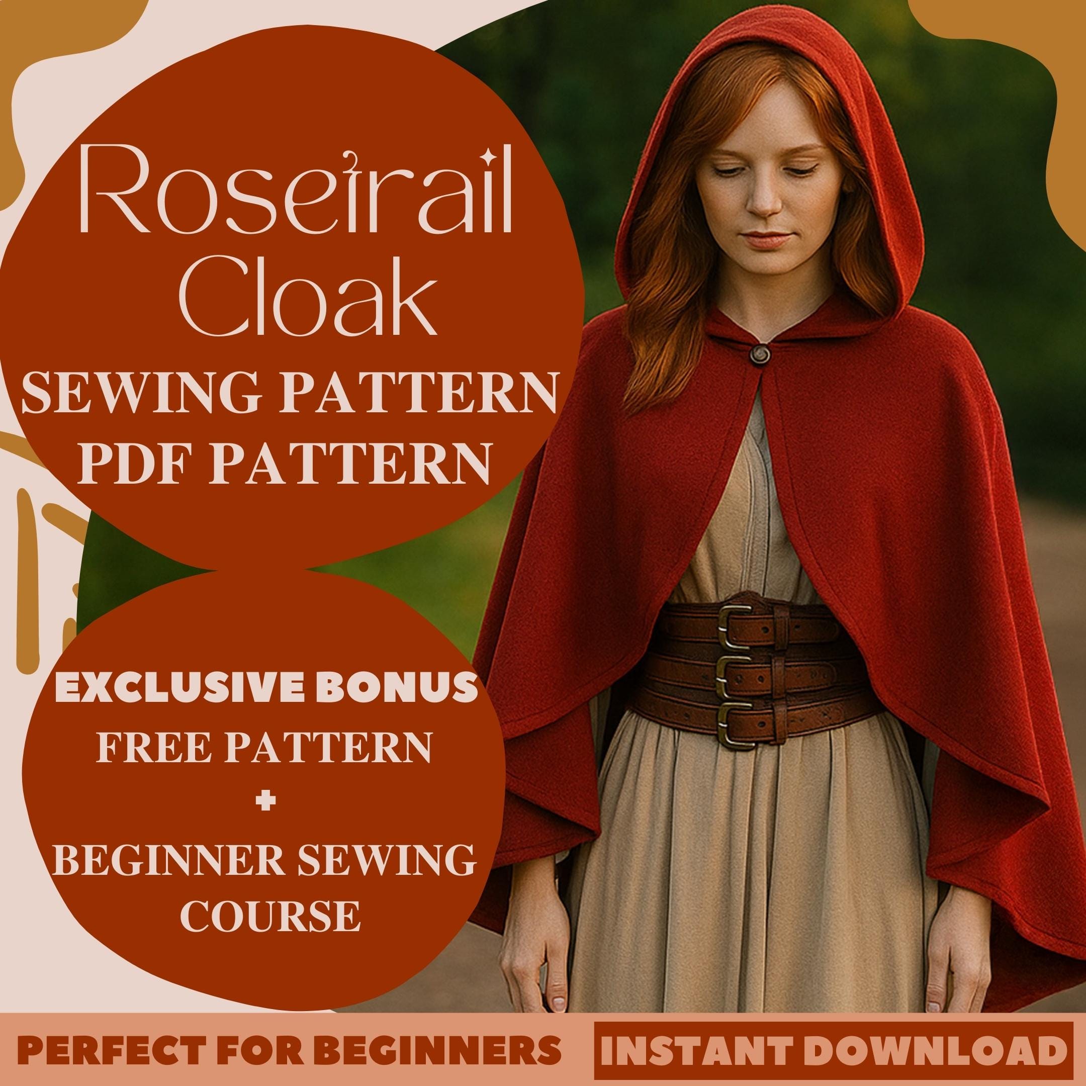Rosetrail Cloak Sewing Pattern Short Cloak with Hood Costume Pattern Hooded Cloak Sewing Halloween Medieval Cape Cosplay Pattern Beginners