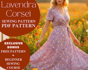 Floral Wrap Dress Sewing Pattern – Cottagecore Midi Summer Dress with Tie Waist PDF