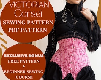 Patrón de costura de corsé victoriano elegante, corsé bajo el busto vintage personalizable en PDF, diseño de patrón de corsé para principiantes histórico