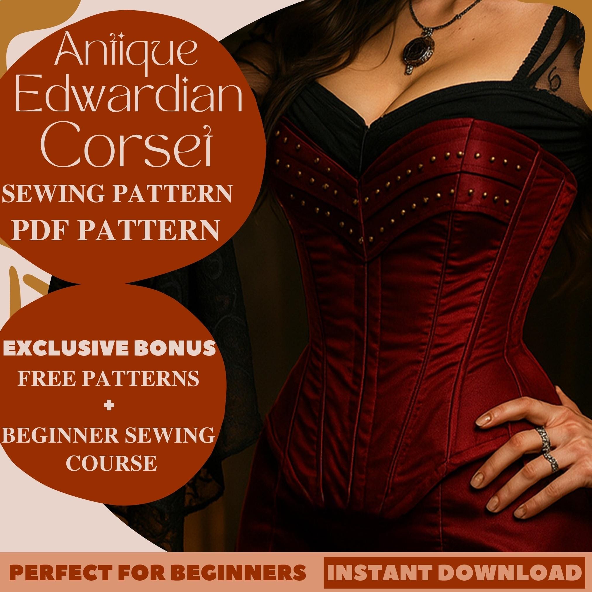 Antique Edwardian Midbust Corset Sewing Pattern, 1905 Vintage Edwardian Overbust Corset Pattern, Vampire Corset Customizable Pattern