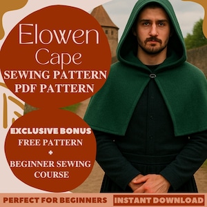 Elowen Hooded Cape Sewing Pattern Short Gothic Hooded Cloak Costume Pattern Fantasy Cloak Sewing Halloween Medieval Cloak Cosplay Pattern