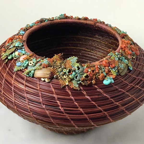 Embellished Rust and Turquoise Pine Needle Basket made by Marcie Stone