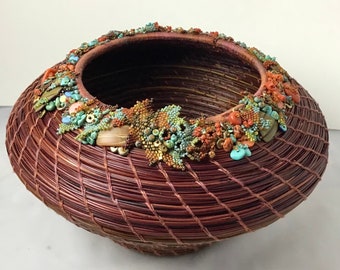 Embellished Rust and Turquoise Pine Needle Basket made by Marcie Stone