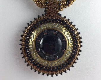 Vintage Metal and Black Glass Beaded Button Necklace by Marcie Stone