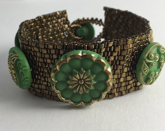 Vintage Czech Green Glass Button Beaded Bracelet by Marcie Stone