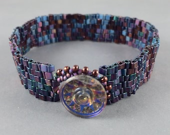 Beaded Bracelet with Vintage  Glass Button Clasp by Marcie Stone