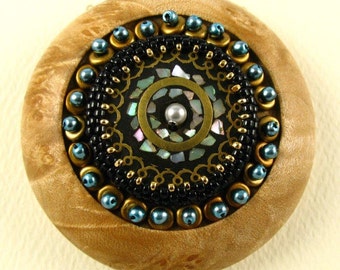 Hand Turned Wood and Beaded Brooch