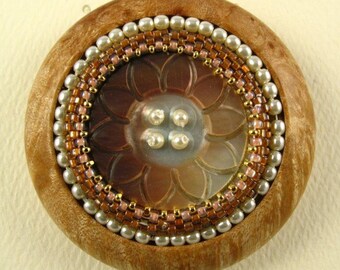 Hand Turned Wood and Beaded Brooch