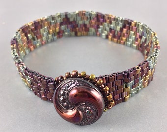 Beaded Bracelet with Vintage Czech Glass Button Clasp by Marcie Stone
