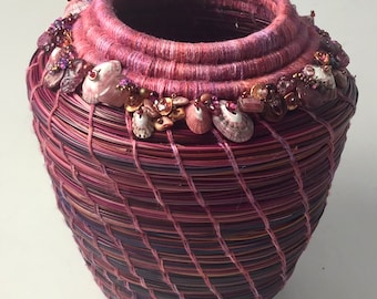 Embellished  Dyed Pine Needle Basket by Marcie Stone