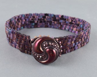 Beaded Bracelet with Vintage Czech Glass Button Clasp by Marcie Stone