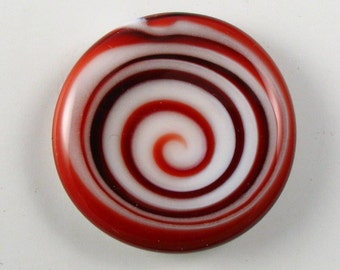 Lampwork Glass Button with Self Shank - White/Red Swirls