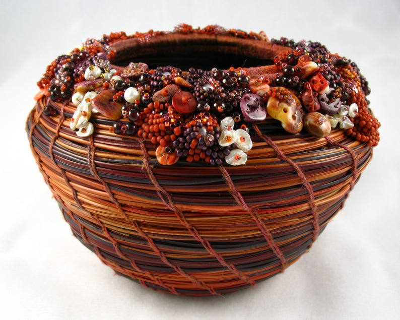 Embellished Dyed Pine Needle Basket by Marcie Stone Etsy