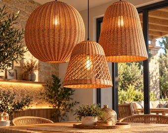 Handmade Willow Pendant Lampshades Set of 3, Natural Wicker Ceiling Lights, Rustic Boho Lighting