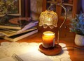 Vintage Flower Candle Warmer Lamp: Dimmable Amber Glass Shade, Wood Base