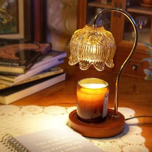 Vintage Flower Candle Warmer Lamp: Dimmable Amber Glass Shade, Wood Base