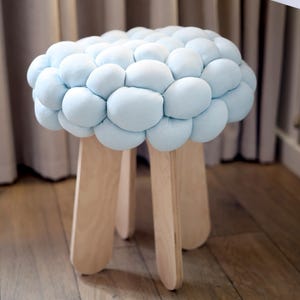 Handmade Blue Ottoman Pouf: Wooden Footrest Stool, Nursery Decor