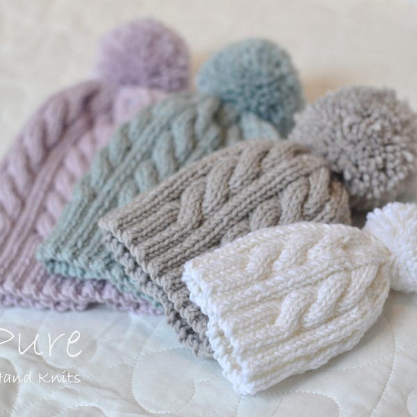 SIMPLE cabled bobble hat KNITTING PATTERN Oscar Newborn to adult hat