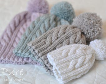 SIMPLE cabled bobble hat KNITTING PATTERN Oscar Newborn to adult hat