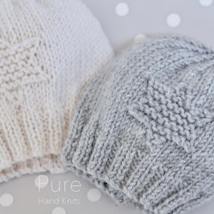 May include: Two knitted hats, one white and one gray, with a star pattern. The hats are on a gray background with white polka dots. The text "Pure Hand Knits" is visible at the bottom of the image.