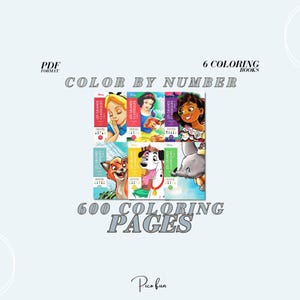 Libros para colorear por números: juego de 6 páginas digitales para colorear con dibujos animados, descarga instantánea en PDF, arte retro de Disney, regalo para adultos y niños.