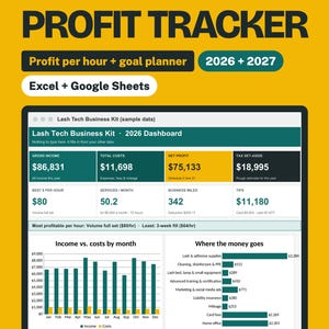 Lash Tech Bookkeeping Spreadsheet | Lash Artist Income and Expense Tracker | Profit per Hour, Tips, Mileage and Tax | Excel & Google Sheets