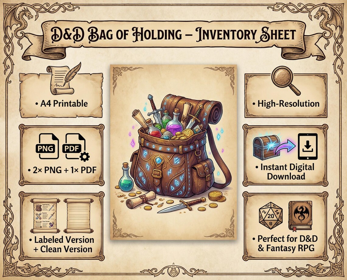 Backpack Inventory Worksheet Rpg Printable Dnd Character Inventory Sheet Bag of Holding for Dungeons and ...