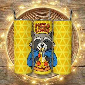 May include: Three yellow insulated tumblers with a geometric pattern and a raccoon graphic eating pizza. The centre tumbler has the words "PIZZA LOVER" in orange. Each tumbler has a silver straw.
