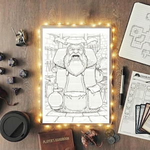 May include: An illuminated illustration of a dwarf character, surrounded by dice, a miniature figurine, a notebook with a map, and other role-playing game accessories. A coffee cup and a Player's Handbook are also visible.