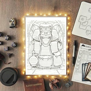 Puede incluir: Ilustración en blanco y negro de una figura con forma de calavera coronada, rodeada de dados, una figura en miniatura, un cuaderno con un mapa y un manual del jugador. También hay una pequeña bolsa de terciopelo rojo y una taza de café negra.