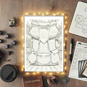 May include: An illustration of a fantasy adventurer's pack, surrounded by dice, a miniature figurine, a notebook with a map, and a player's handbook. The image is lit with fairy lights and includes a coffee cup and a small velvet bag.