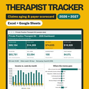 May include: A digital Private Practice Therapist Tracker for Excel and Google Sheets, featuring a 2026 dashboard with financial metrics like gross income, net profit, and tax set-aside, plus monthly income versus cost charts and expense breakdowns.